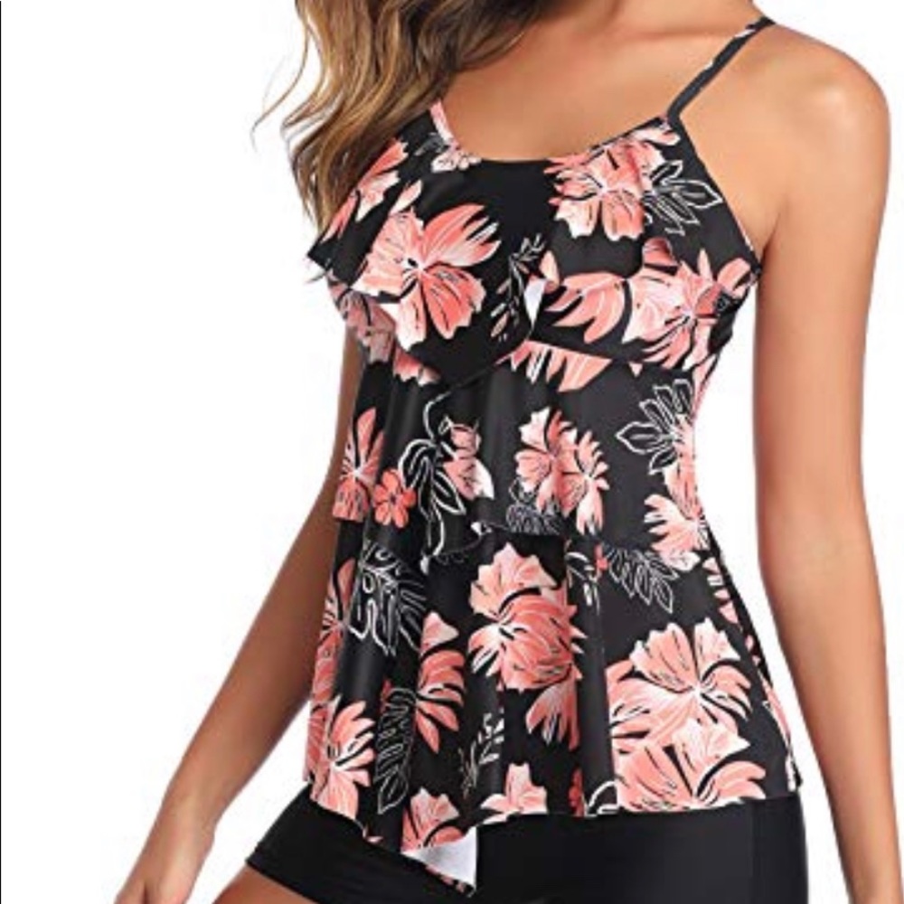 HOLIPICK FLORAL PRINT BLACK WHITE SWIMMING RUFFLE TANKINI SIZE LARGE BRAND NEW